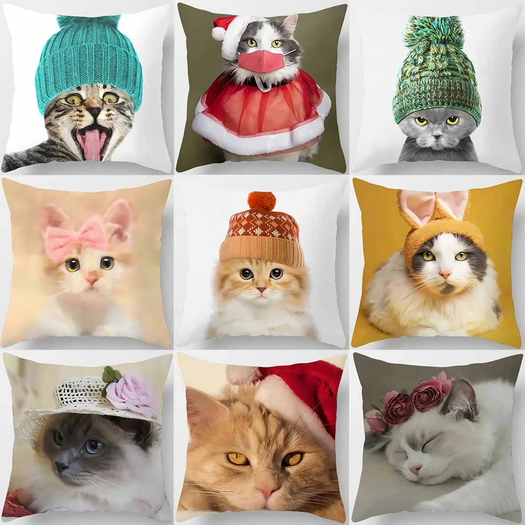 

Hat Cat Print Square Pillowcase Home Decorations Car Sofa Cushion Cover
