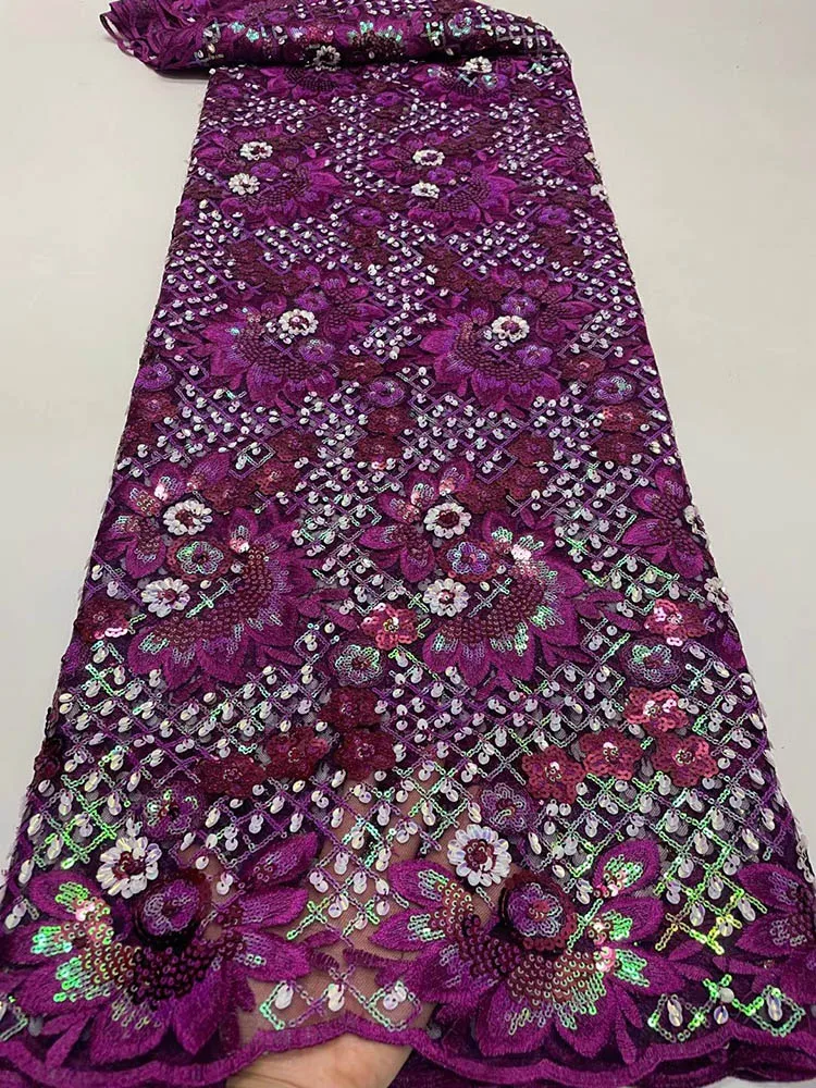 

New Fuchsia 3D Sequins African Lace Fabric 2022 High Quality Nigerian Lace Fabric 5 Yards French Sequins Lace For Wedding Dress