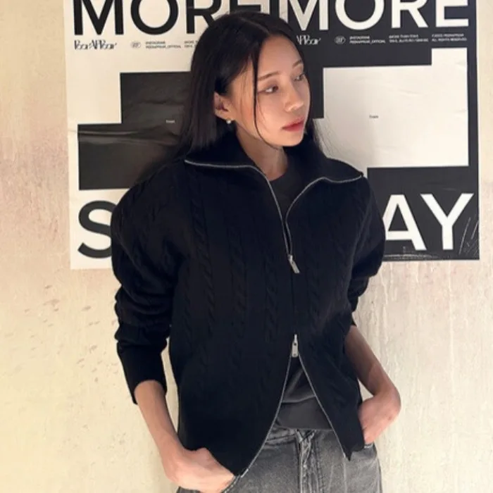 Корейский Sle Ретро Элегантный воротник-стойка Свободный повседневный вязаный