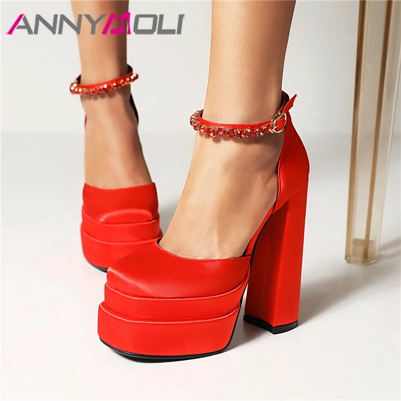 

Женские туфли с ремешком на щиколотке ANNYMOLI, туфли-лодочки на платформе с кристаллами и ремешком с пряжкой на очень высоком каблуке, женская обувь на весну 43