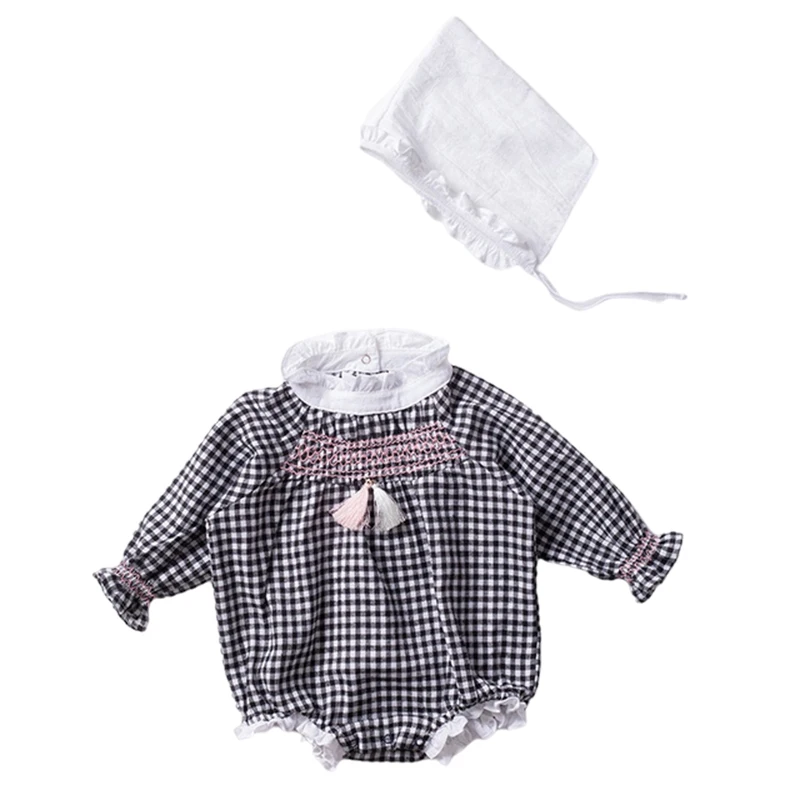 

Spring Autumn Princess Plaid Romper+Hat 2pcs Infant Baby Girl Romper Clothes Toddler Baby Girl Romper Long Sleeves Jumpsuit