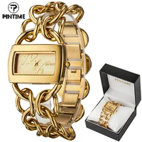 pintime luxury women watches square rectangle dial quartz wristwatch ladies full gold bracelet steel wristwatch montre femme