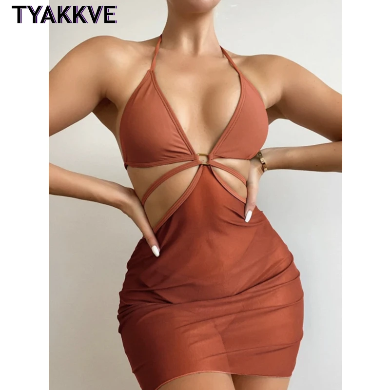 

Triangle Bikinis 2022 Mujer Orange Swimsuit Women Halter Swimwear Female Skirts 3 Pieces Set Sexy Bathing Suit Swimming Biquini