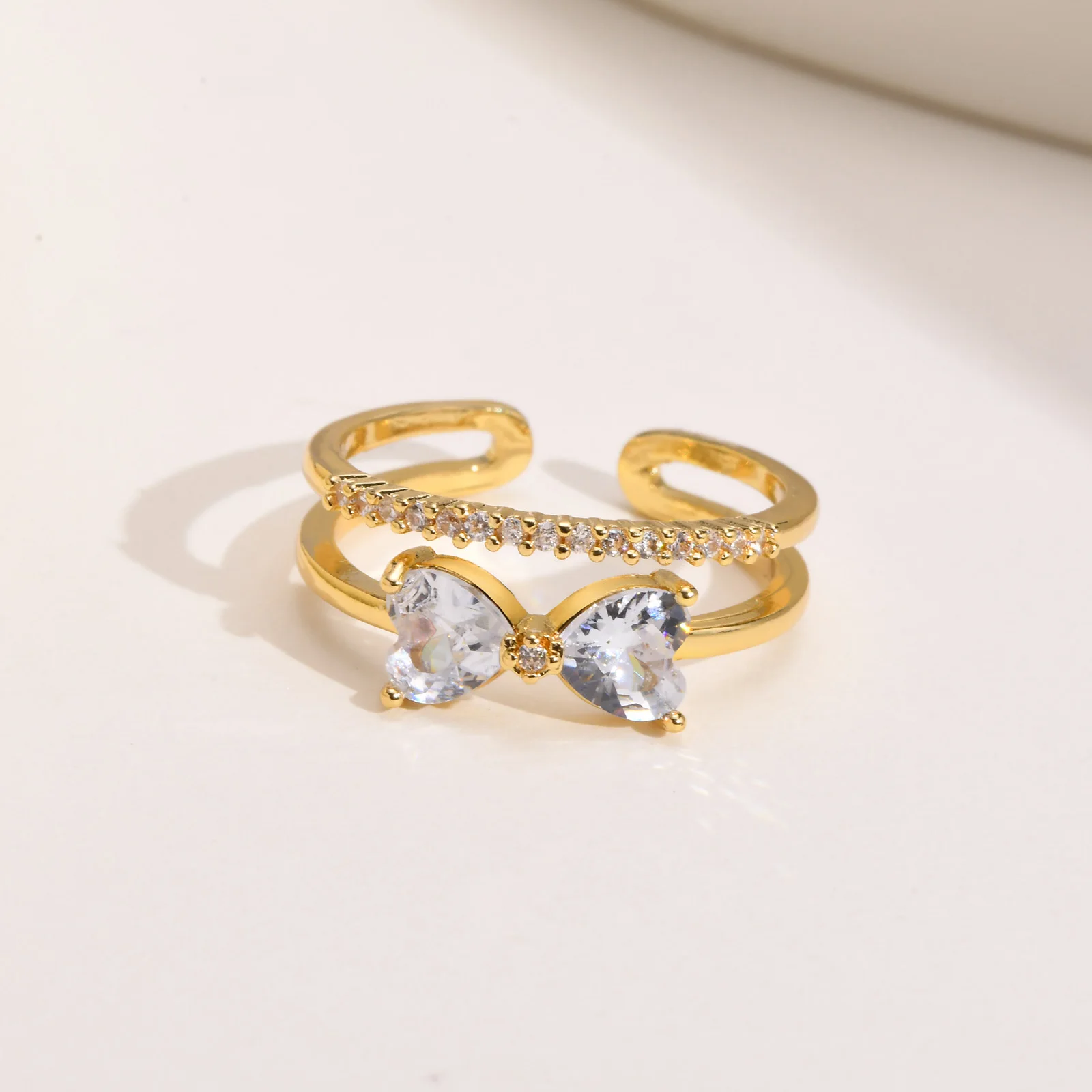 

Chic Bling Stone Rings For Mom Girls, Gold Color Fancy Heart Shape Party Jewelry Cubic Zirconia Dainty Open Ring Adjustable Size