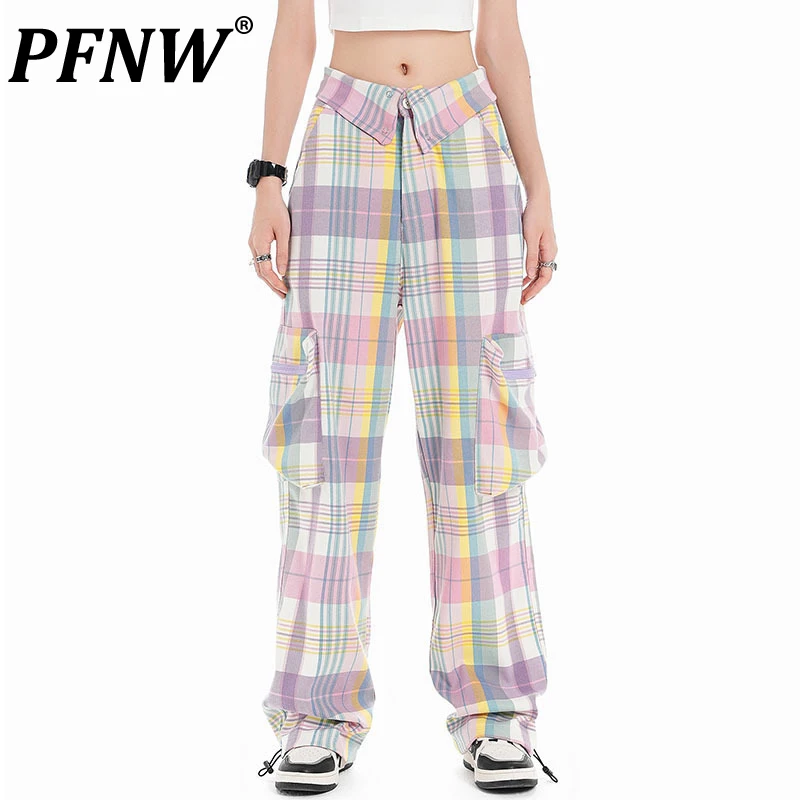 

PFNW Autumn New Men's Streetwear Low Waist Sports Cargo Pants Loose Wide Leg Plaid Contrast Color Design Simple Trousers 12Z1766