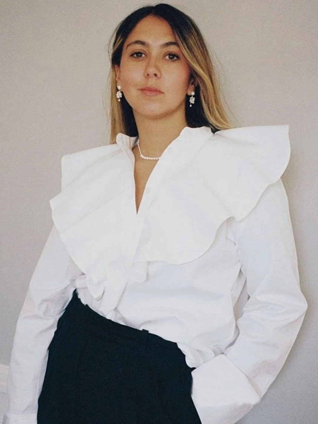 

Ruffles Office Casual Chic Blouse Shirts Women Spring Cotton Stand Collar Long Sleeve Fashion Luxury Top Blusas Femme 2022
