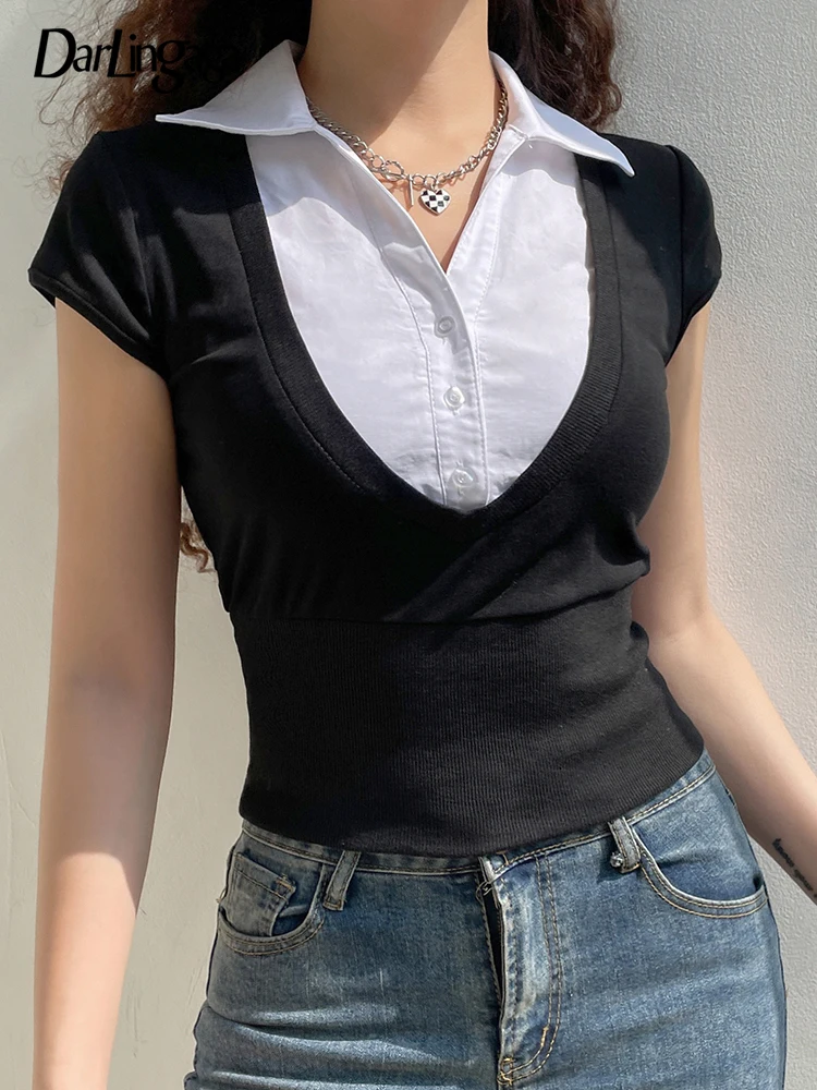 

Darlingaga Y2K Chic Patched Short Sleeve Summer Women's T-shirts Fashion Cute Turn Down Collar Crop Top Preppy Korean Tee Shirts