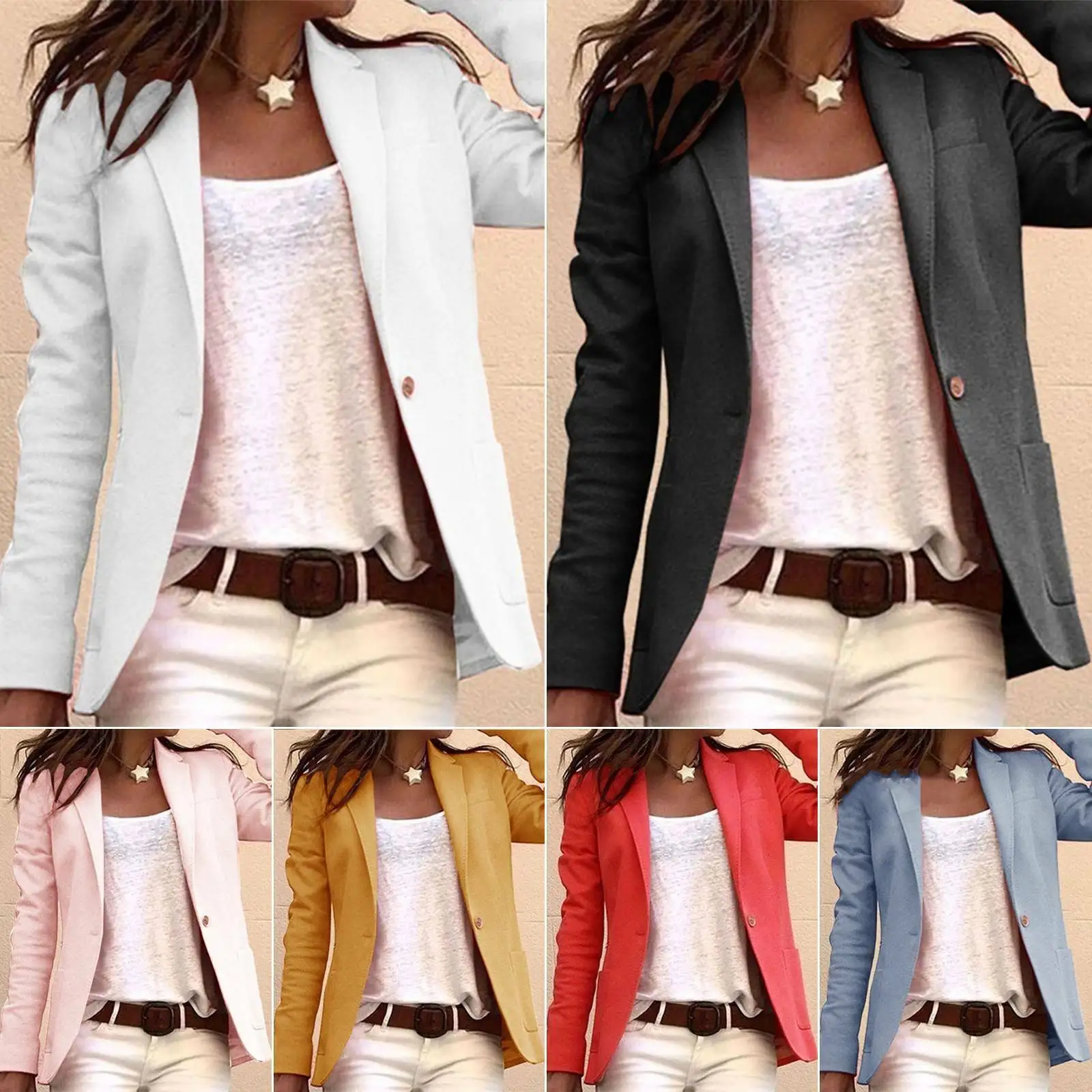 

Женский блейзер, куртка, деловой Повседневный тонкий офисный пиджак с длинным рукавом, Простые Топы, укороченный офисный костюм с открытой передней частью