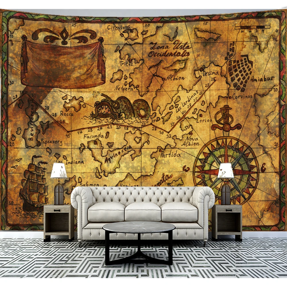 

Nautical Chart Tapestry Pirate Treasure Map Hanging Decor Watercolor Map Letter Polyester Table Cover Yoga Beach towel
