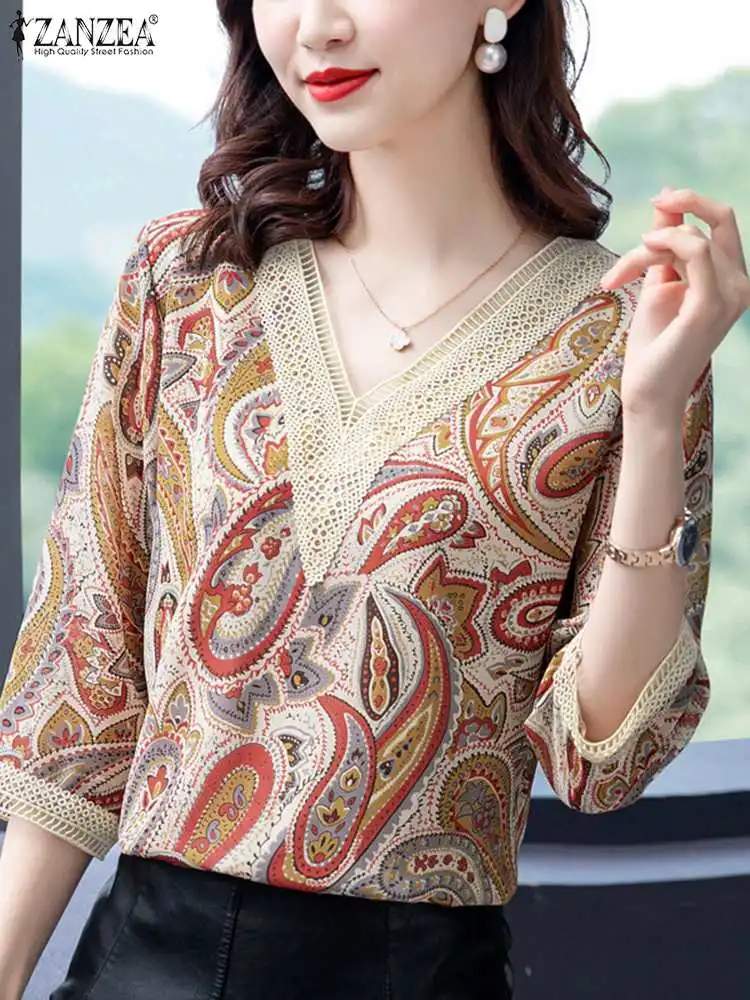 

Women Bohemian Holiday Tops ZANZEA Summer V Neck 3/4 Sleeve Ethnic Floral Printed Blouse Casual Vintage Lace Patchwork Shirt
