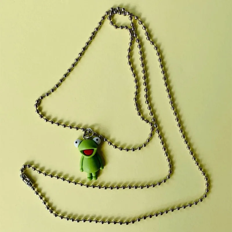 

Cute frog charm pendant long necklace kawaii green silver beaded necklace women 2021 jewelry boho