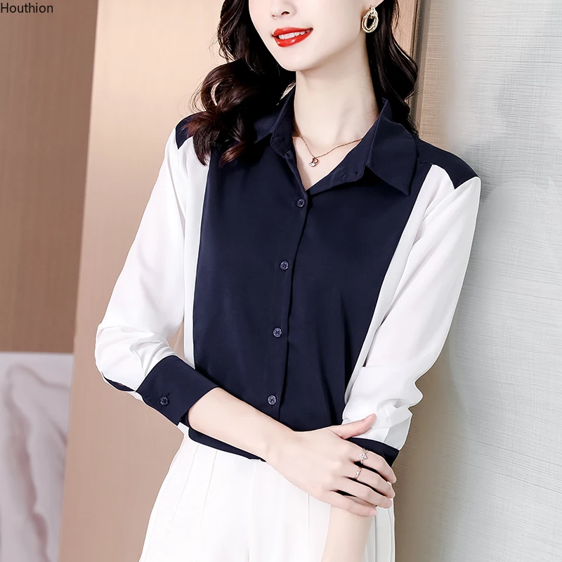 

Chiffon Loose Women's Blouses New Fashion Splicing Summer Polo Shirt Spring Casual Long Sleeve Female Clothing