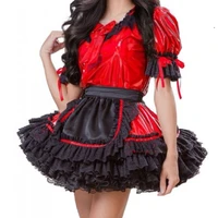 lockable sissy red satin pvc multilayer fluffy dress gothic maid costume customization