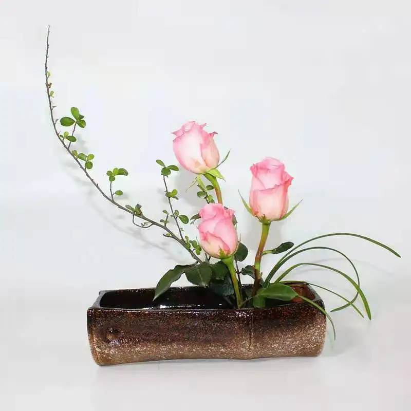 Japanese Style Flower Path Ceramic Flower Pot Creative Retro Bamboo Joint Flower Arrangement Flower Vases Home Living Room Decor