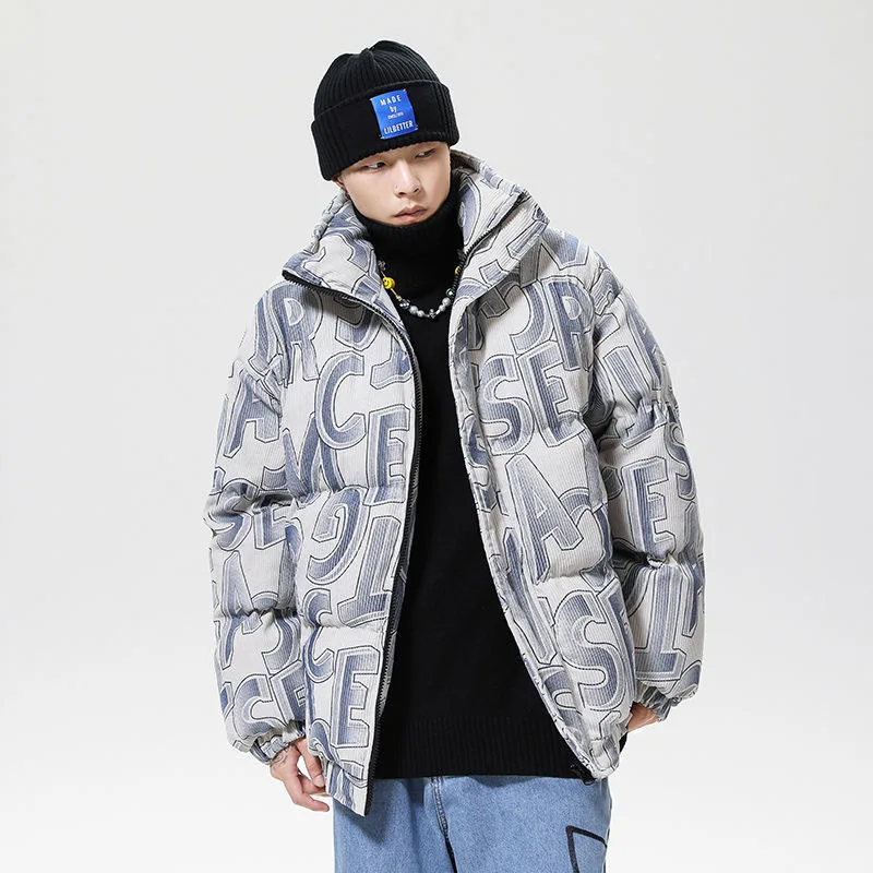 Corduroy padded jacket letter graffiti thickened cotton coat men's winter new loose bread coat coat loose tide brand all-match