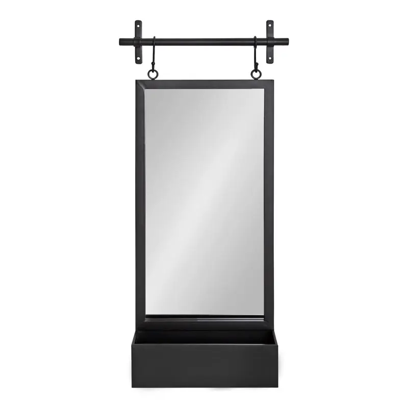 

Stunning Black Gammons 18" x 39" Metal Framed Wall Mirror, Hanging Barn Door-Inspired Accent Mirror with Storage Shelf.