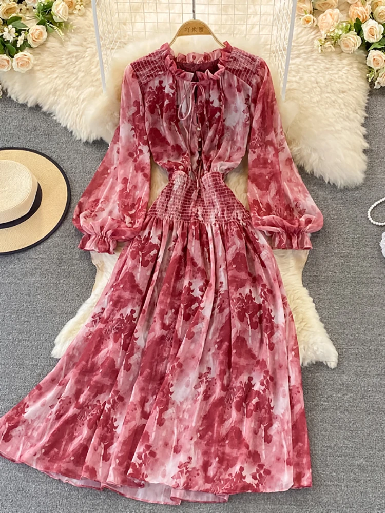 Женское винтажное платье макси с воланом длинное принтом воротником-стойкой и