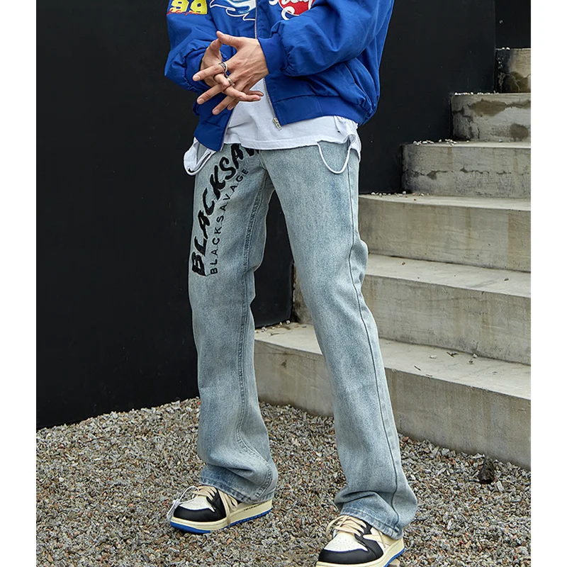 Streetwear Men Embroidered Letter Recreational Jeans Sense of 2022 Design Vintage Blue Straight Pants Autumn and Winter Female