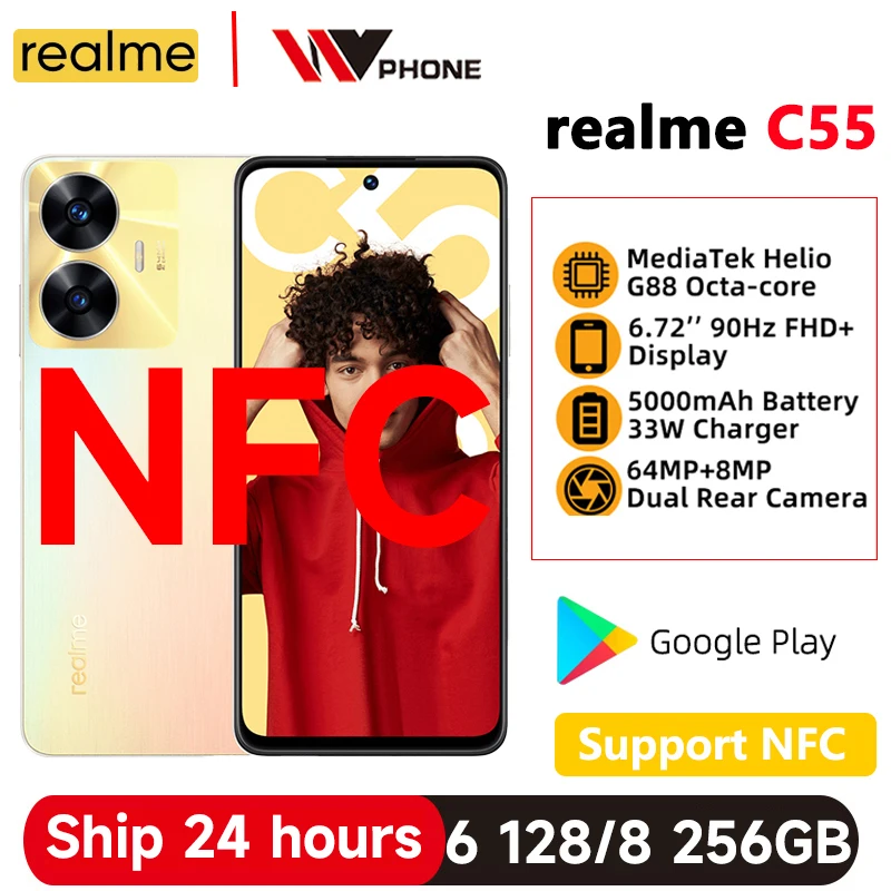 realme C55 6.72" FHD+ Screen Mobile Phone MediaTek Helio G88 64MP AI Camera Smartphone 5000mAh Battery 33W