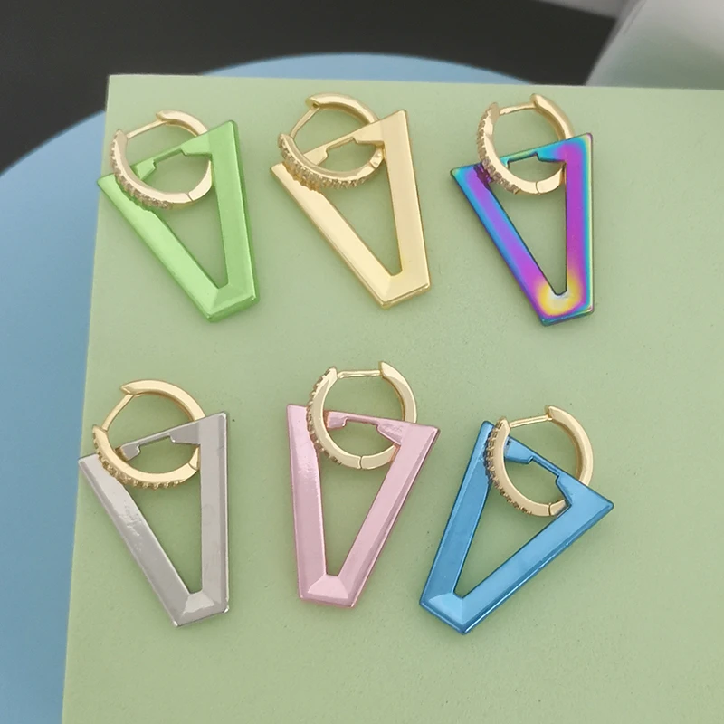 

QMHJE Women Dangle Earrings Geometric Triangle Painting Neon Fluorescent Bright Jewelry Aretes Smooth Hoop Gold Silver Color Hot