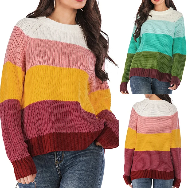 

Модный пуловер Kf в полоску контрастных цветов, Женский Топ с длинным рукавом и круглым вырезом, повседневный Свободный пуловер