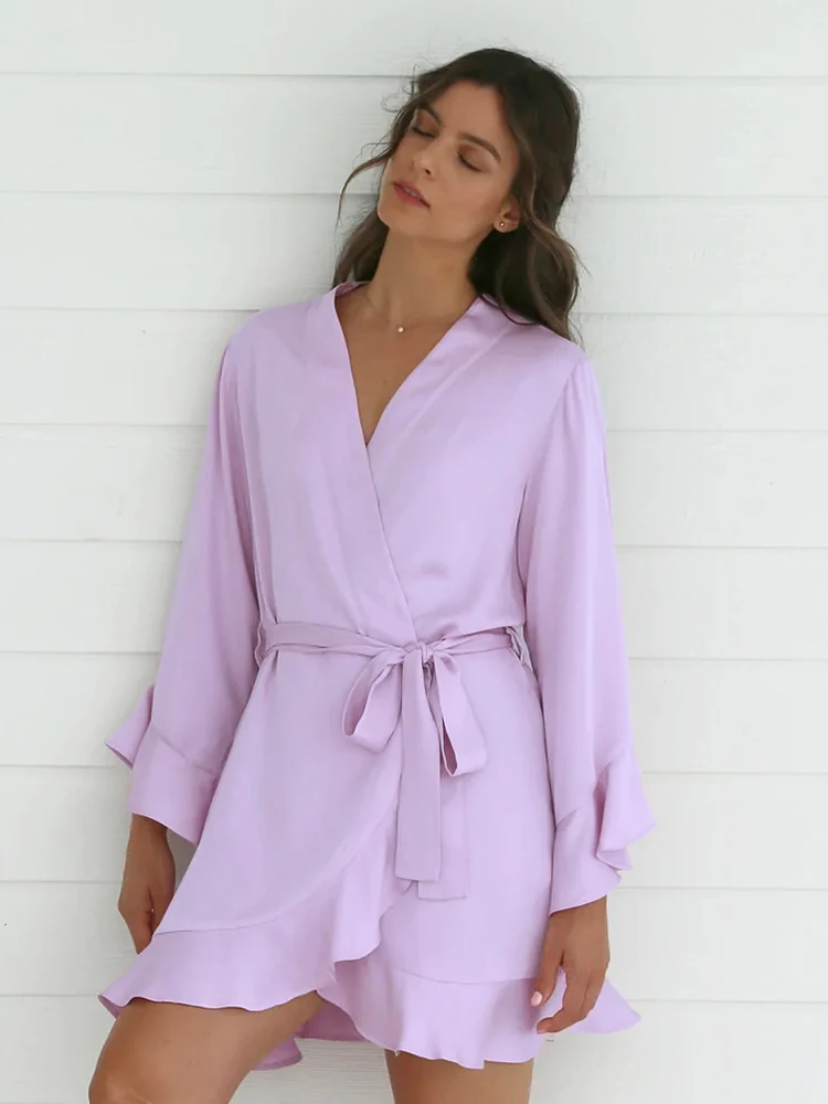 

Hiloc Ruffled Long Sleeve Mini Night Dress Women Robe With Sashes 2022 Sleepwear Sexy Dresses Solid Bathrobe Female Home Robes