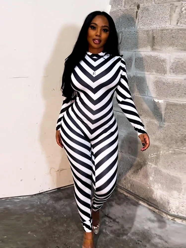 

Женский Облегающий комбинезон в полоску, с длинным рукавом и круглым вырезом