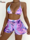 Женский комплект бикини Prowow, купальный костюм из трех предметов с бюстгальтером на завязках и шортами, пляжная одежда с принтом, лето 2022