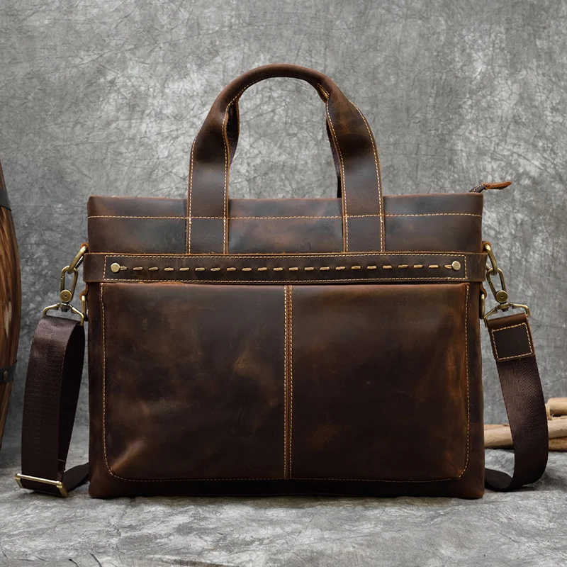 

Newsbirds Retro Men's Leather Handbags Genuine Leather Briefcase For 15.6" Laptop PC Classic Business Bag Men Briefcase Slim