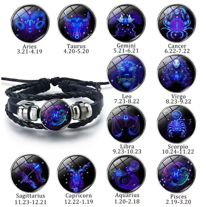 

12 Constellatio Pack Brand New Women's Bracelets Men Vintage Handwoven Luminous Charm Leather Jewelry Christmas Gifts Steampunk