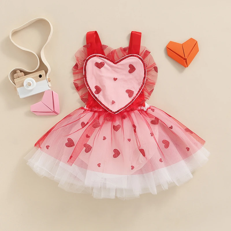 

0-24M Baby Girls Summer Romper Sleeveless Heart Mesh Dress-Like Layer Infant/Toddler Summer Snap Buttons Jumpsuit