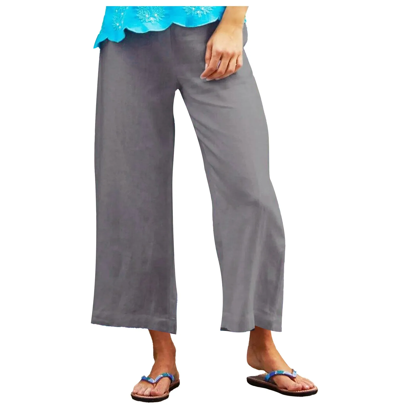 

Wide-Leg Casual Color Loose Solid Women'S Cotton Linen And Cropped Trousers Pants