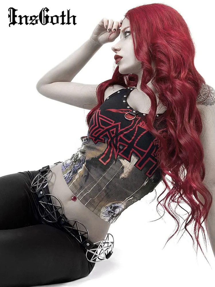 Укороченный топ на бретелях InsGoth с открытой спиной и заклепками готический