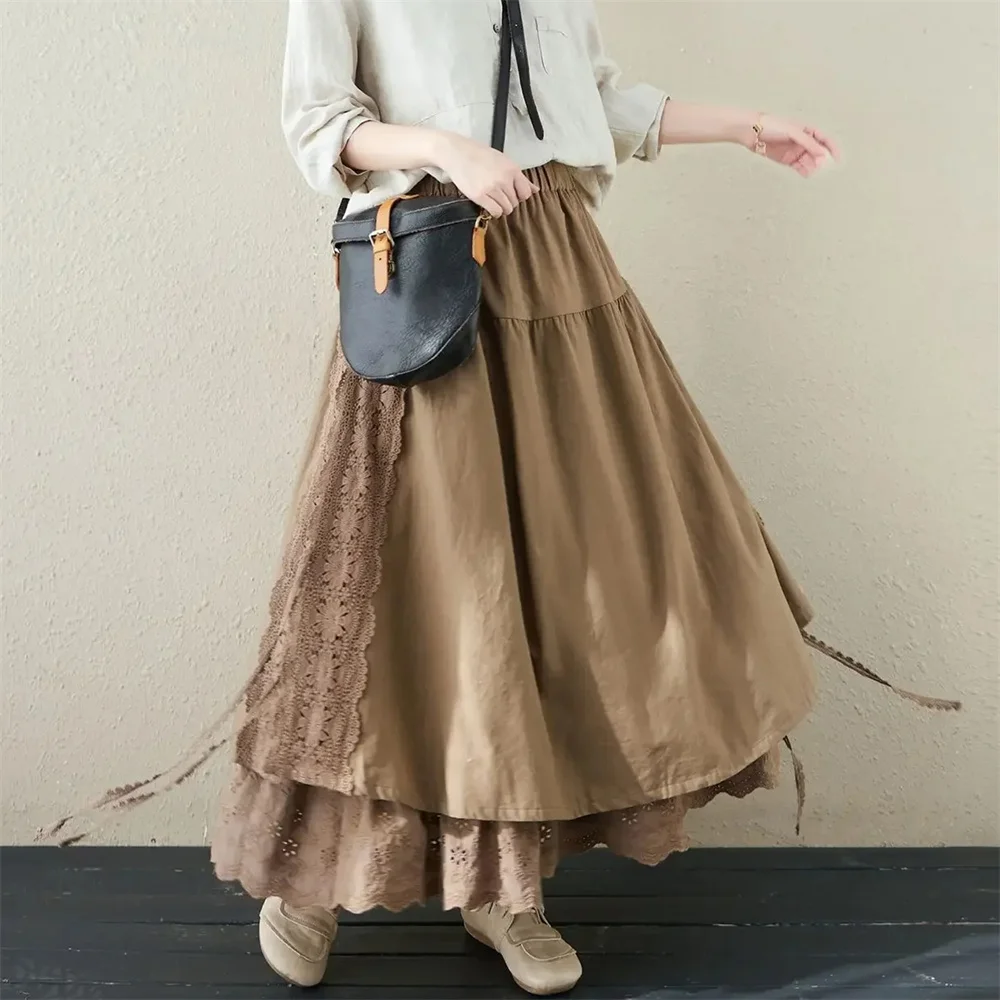 Женские летние японские кружевные льняные юбки с вышивкой Mori Girl винтажные