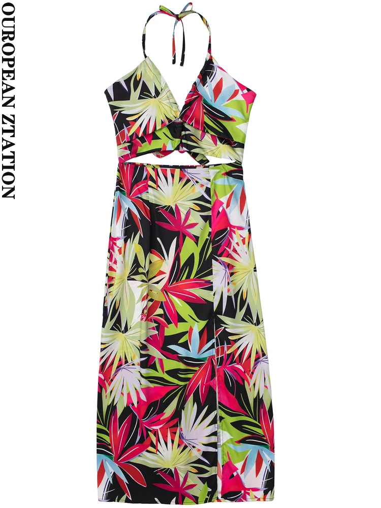 

PAILETE Women 2022 fashion hollow out tropical print midi dress vintage backless tied thin straps female dresses vestidos mujer