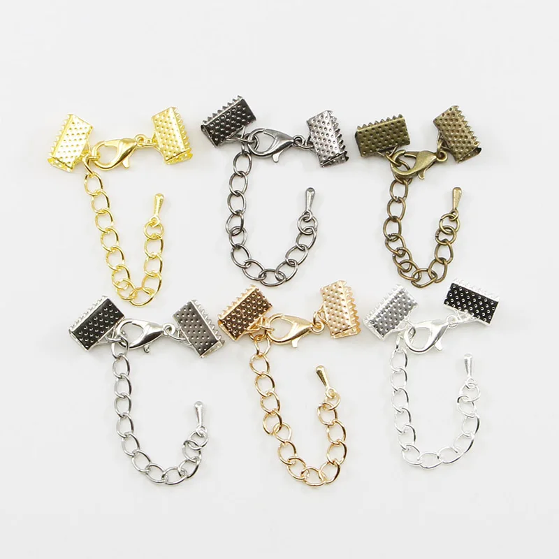 

10pcs Ribbon Leather Cord End Fastener Clasps With Chains Lobster Clasps Connectors For Bracelet DIY Jewelry Making Findings