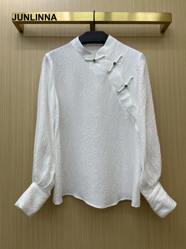 

JUNLINNA Silk Women Shirt 2022 Spring New Jacquard Vintage Blouse Pure Colour Stand Collar Laptops