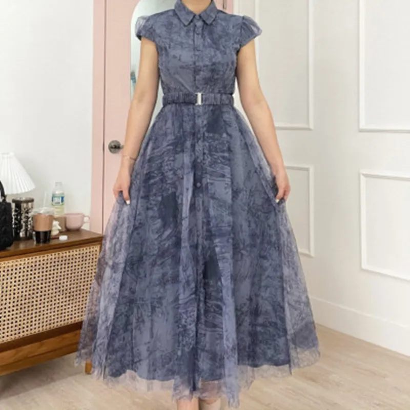 2022 Summer Design Ink Smudge Dress Women Puff Sleeve Single-Breasted Lace-Up Vintage Print Elegant Party Dress Vestidos