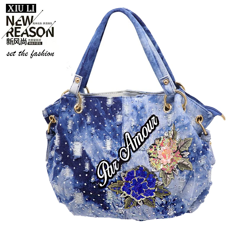 

XIU LI brand women washed denim tote bag female fashion flower embroidery handbag boston bag larger shoulder bag