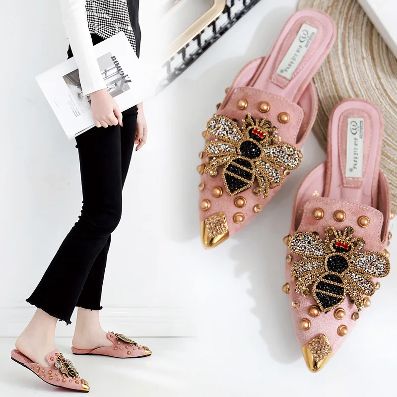 Crystal Insect Ladies Slippers Pointed Toe Non-slip Flats Soft Sole Sandals Casual Rivet Mules Wild Shoes for Women