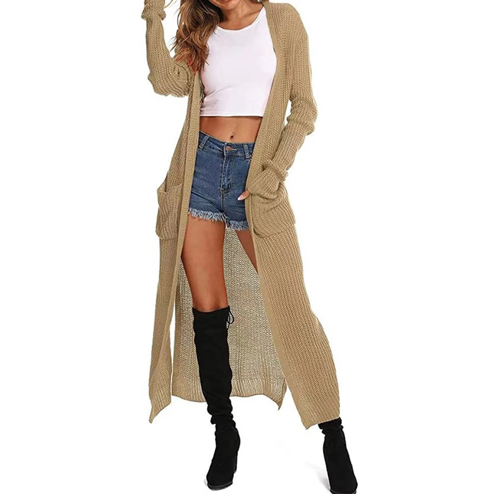 

Women Autumn Winter Knitted Cardigan Long Sleeve Open Front Sweater Maxi Coat With Pocket Solid Simple Elegant Fashion Cardigans