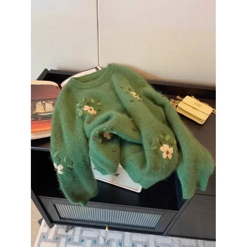 Kimotimo плюшевый свитер с зелеными цветами и вышивкой 2024 осень-зима женский новый