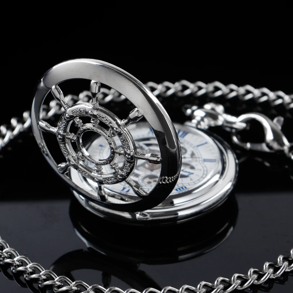 New Silver Rudder Sculpture Roman Digital Mechanical Pocket Watch Hollow Case Analog Skeleton Men's Mechanical Pocket Watch