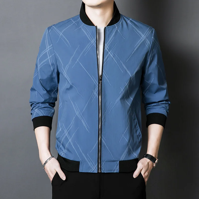 

Fashion Autumn Lightweight Clothing Streetwear Line Pattern Thin Baseball Jacket Solid Color Coats For Men 2023 Trend