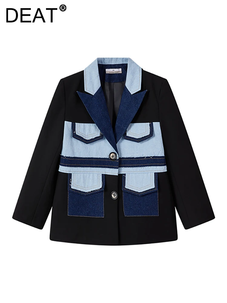 

DEAT Women Suit Jacket Notched Collar Contrast Color Patchwork Denim Burr Single Breasted Blazer 2023 Autumn New Fashion 29L2623