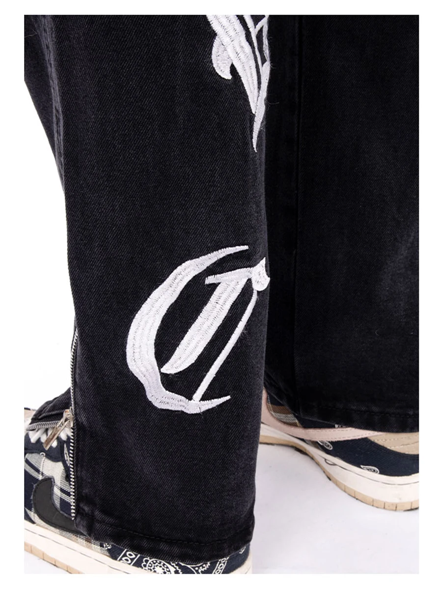 European and American Retro Embroidered Washed Jeans Tide Brand Hip-hop Straight Loose Trousers Men Y2K Men Jeans Streetwear