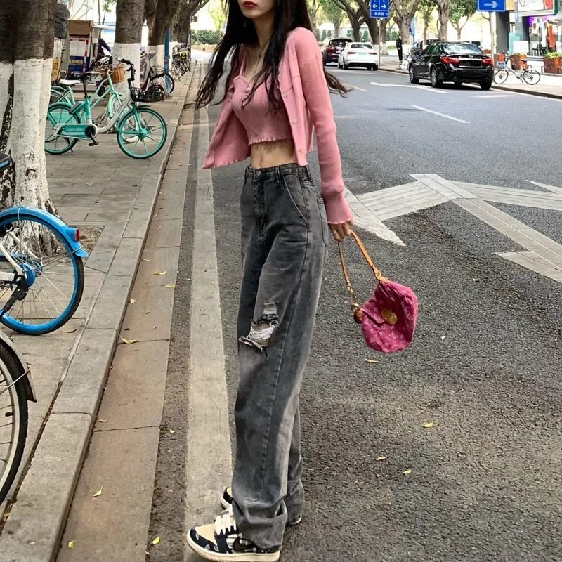 

Black Ripped Hole Wide-Leg Jeans High Street Korean Trendy Denim Women'S Pants Loose High Waist Streetwear Straight-Leg Trousers