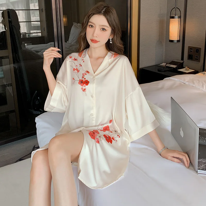 Ice Silk Nightdress Women's Summer New Short-sleeved Pajamas Thin Senior Sense Satin Sexy Shirt Sleep Dress Free Shipping