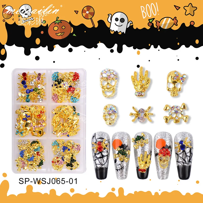 

60Pcs Halloween Ornaments 3D Metal Nail Art Decorations Gold Silver Black Skull Spider Hand Skeleton Design DIY Nail Accessories