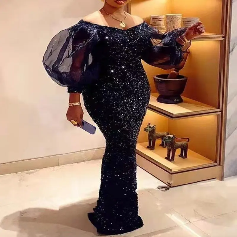 

2022 African Dresses for Women Summer Sexy Long Sleeve Fashion Sequins Maxi Dress Africa Clothing African Women Pencil Dresses